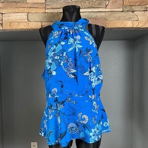 Eva Mendes Floral Peplum Halter Blouse Sleeveless Spring Summer Blue White L
